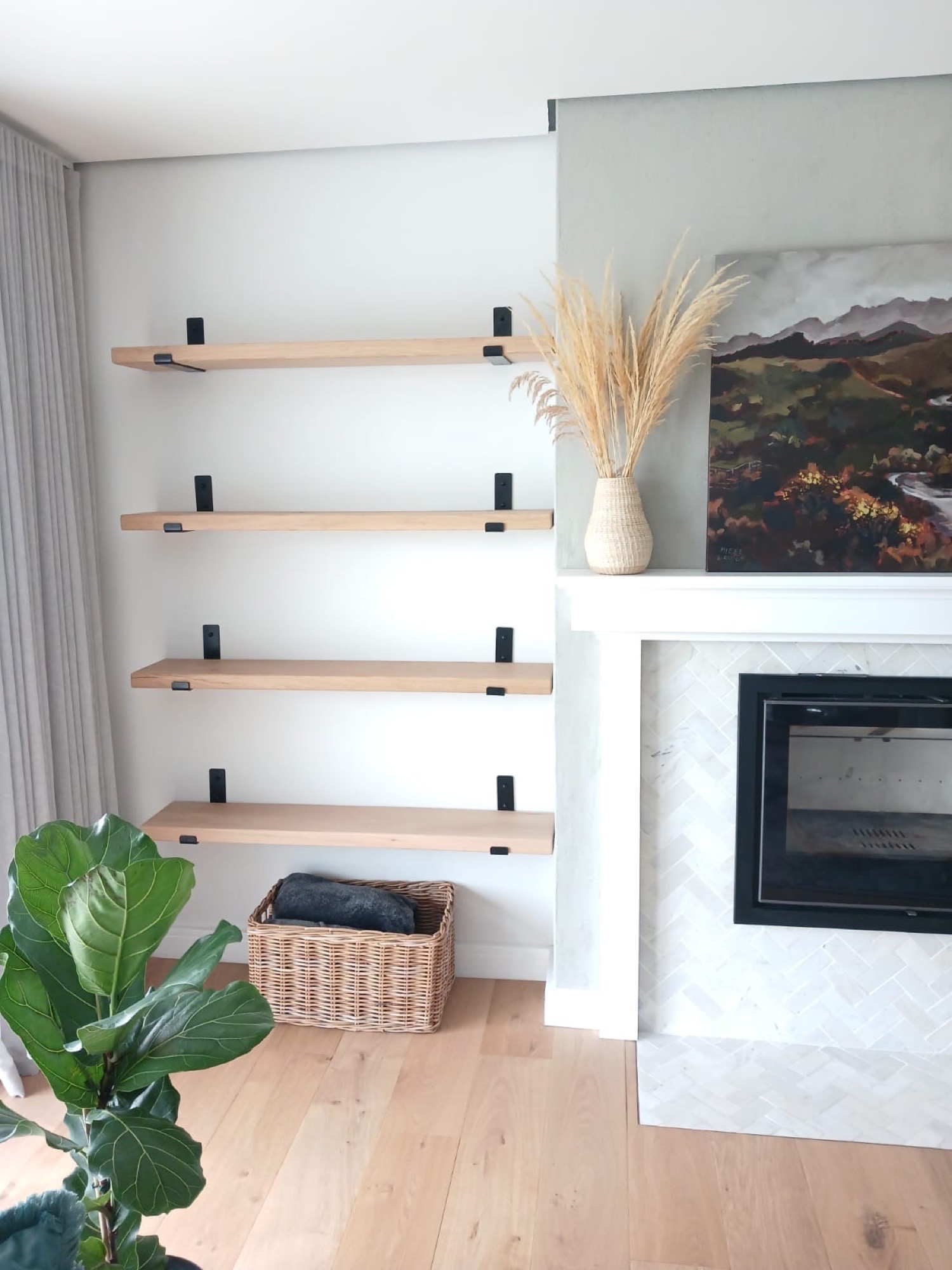 Floating solid-oak wall shelves