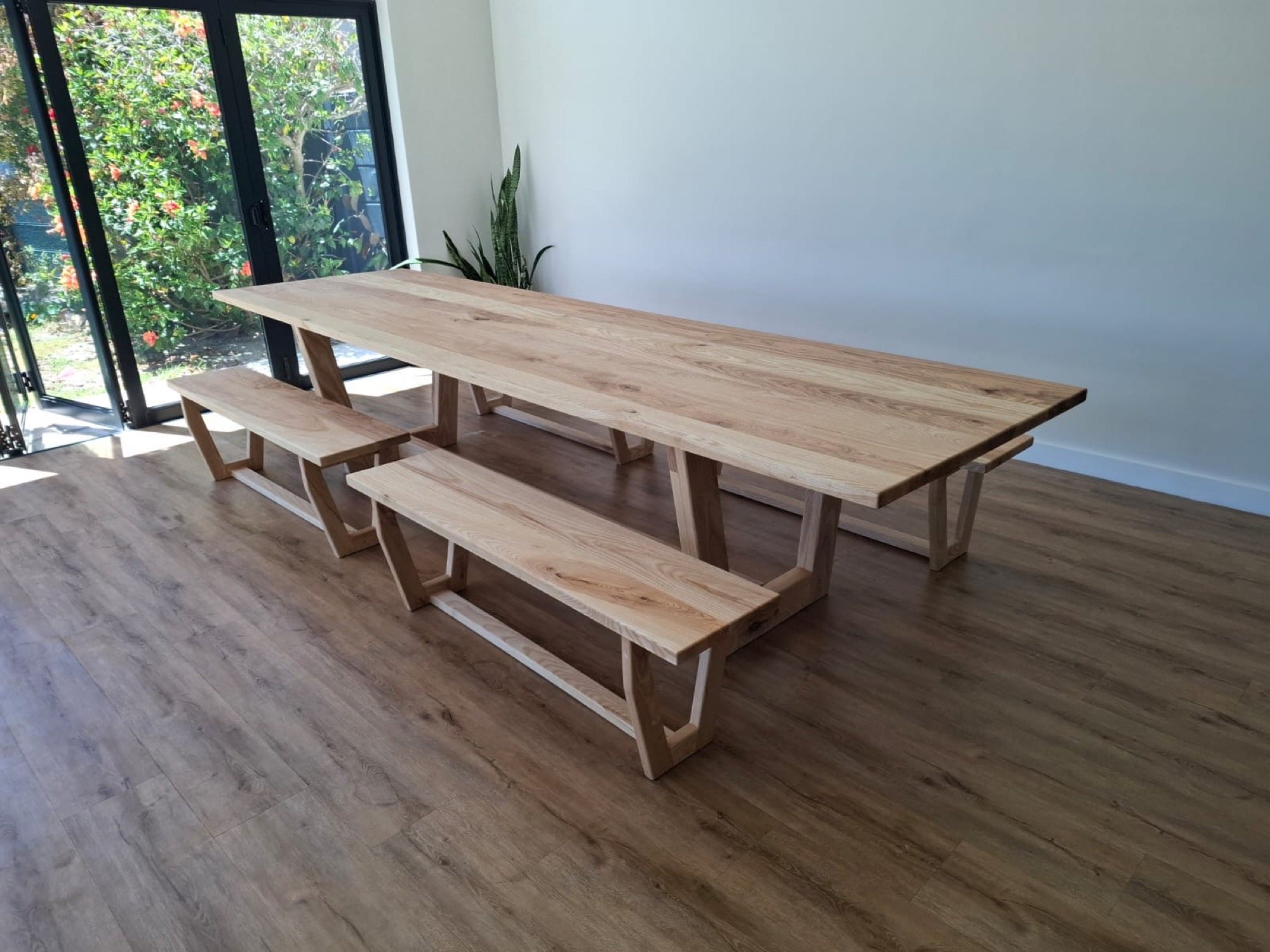 Ash live-edge dining table with bench